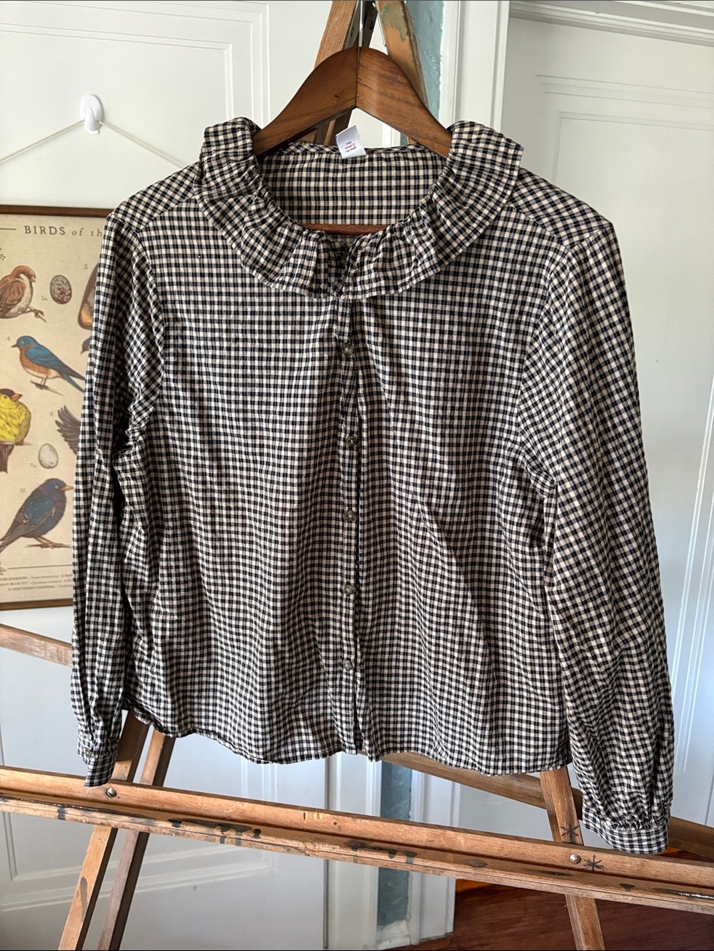 Old Navy Black and Cream Gingham Ruffle-Collar Button-Down